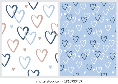 Cute Hand Drawn Irregular Hearts Vector Patterns. White, Black and Blue Hearts on a Light Blue and White Background. Funny Romantic Infantile Style Print. Love Symbol.