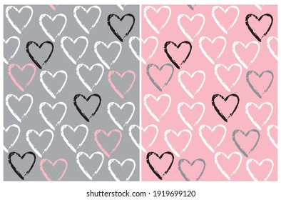 Mano Cortada Dibujó Patrones Vectores Irregulares De Corazón. Corazón blanco, negro y rosado sobre fondo rosa y gris claro. Graciosa Impresión Romántica Infantil. Símbolo de amor.