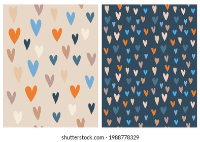 Cute Hand Drawn Irregular Hearts Vector Pattern. Beige, Blue, Orange and Brown Hearts on a Dusty Beige and Dark Blue Background. Funny Infantile Style Romantic Print ideal for Fabric, Textile.