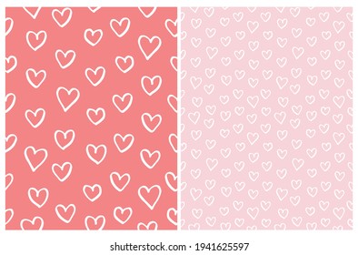 Cute Hand Drawn Irregular Romantic Vector Patterns with White Sketched Hearts Isolated on a Light Red and Pastel Pink Background. Funny Infantile Style Hearts Print ideal for Fabric, Textile