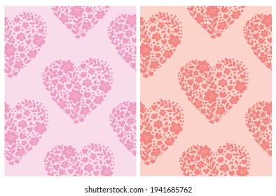 Cute Hand Drawn Irregular Romantic Vector Patterns with Hearts made od Flowers Isolated on a Light Red and Pastel Pink Background. Funny Infantile Style Hearts Print ideal for Fabric, Textile.