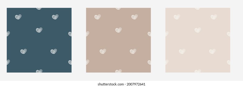 Patrón de vectores sin soldadura romántico e irregular dibujado a mano. Corazones blancos aislados en un fondo de crema clara, marrón y azul oscuro. Graciosa Impresión Repetible Infantile. Patrón dulce y simple