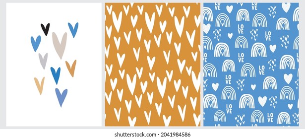 Patronos de vectores irregulares sin manchas con corazón blanco y arcos de lluvia en un fondo azul y amarillo. Graciosa Ilustración romántica de estilo Infantil con corazones ideal para el arte de pared, tarjeta. 