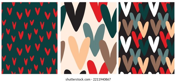 Cute Hand Drawn Irregular Seamless Vector Patterns with Hearts. Red Tiny Hearts on a Dark Green Background. Funny Infantile Style Romantic Print.Red, Green, White and Beige Heart on a Black and Beige.