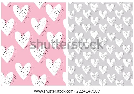 Cute Hand Drawn Irregular Seamless Vector Patterns with Sketched Hearts. Tiny White Hearts and Black Dots on a Light Pink and Gray Background. Infantile Style Romantic Print with Love Symbols.