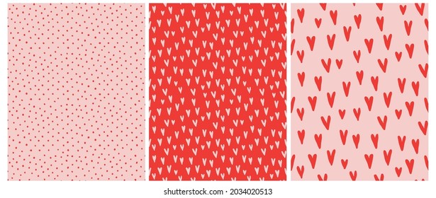 Cute Hand Drawn Irregular Vector Patterns with Tiny Red and Pink Hearts and Red Polka Dots Isolated on a Light Pink and Red Background. Funny Infantile Style Geometric Design. Dotted Print.