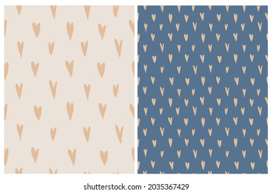Cute Hand Drawn Irregular Vector Patterns with Tiny Gold Hearts  Isolated on a Light Dusty Beige and Dark Pale Blue Background. Funny Infantile Style Romantic Print ideal for Fabric, Wrapping Paper.