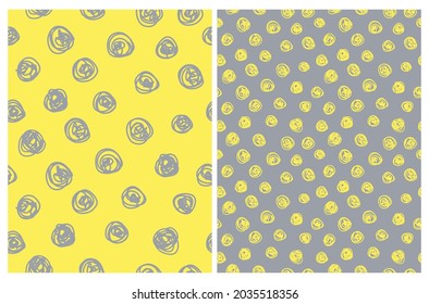 Cute Hand Drawn Irregular Vector Patterns with Tiny Dots Isolated on a Ultimate Gray and Illuminating Yellow Background. Funny Infantile Style Dotted Print ideal for Fabric, Wrapping Paper.