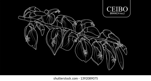 Cute hand drawn isolated Ceibo branch set 2. Flower vector illustration only white outline on black background.