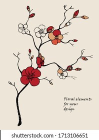 Cute hand drawn isolated sakura twig. Flower vector illustration.