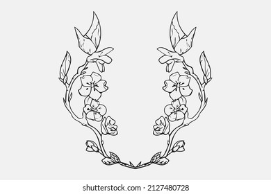 Rund handgezeichnet, einzelne Sakurazweig, Sakura-Kirschblümchen, Branchenkunst Kunst, Blumenvektorgrafik in schwarzem Umriss, Kirschblüte, Zweigbaum, Vektorgrafik