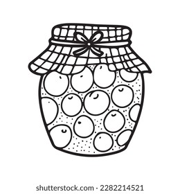 Frasco de mermelada dibujado a mano con tela a cuadros, ilustración de vector esquematizada aislada en diseño de línea