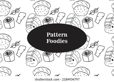 Cute Hand Drawn Japanese Food Sushi Pattern White Background. Japanese Restourant Wall Decoration