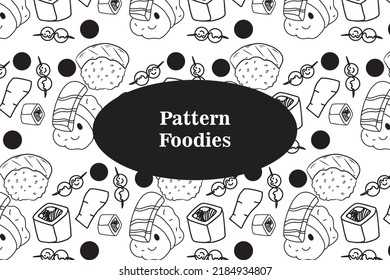 Cute Hand Drawn Japanese Food Sushi Pattern White Background. Japanese Restourant Wall Decoration