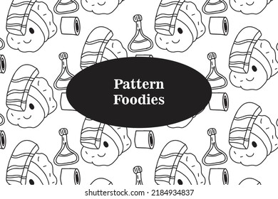 Cute Hand Drawn Japanese Food Sushi Pattern White Background. Japanese Restourant Wall Decoration