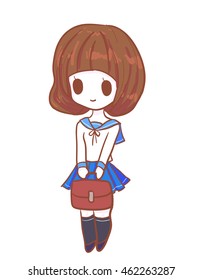 Cute hand drawn japanese uniform school girl with bag. Kawaii sailor fuku girl. Vector EPS 10 illustration