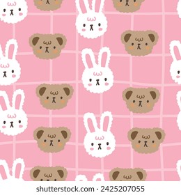 cute hand drawn kawaii baby brown bear with white bunny on a pink background, kids seamless pattern colorful motif