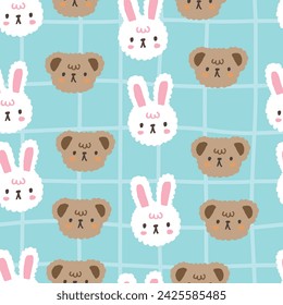 cute hand drawn kawaii baby brown bear with white bunny on a blue background, kids seamless pattern colorful motif