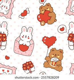 Cute hand drawn Kawaii bunny and teddy bears with red hearts and envelopes on a girly background with heart texture, happy birthday or Valentine’s Day seamless pattern.