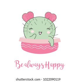 Cute Hand drawn Kawaii Cactus. Collection of Doodle Illustration in vector for cards, mugs, baby shower, birthdays Invitations.