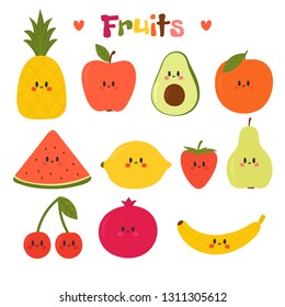 Cute hand drawn kawaii fruits. Healthy style collection. Flat style. Vegetarian food. Cartoon. Vector illustration