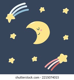 Cute hand drawn kawaii moon and falling stars in cartoon flat style. Vector illustration of kids icons with happy face for poster, fabric print, card, kids apparel