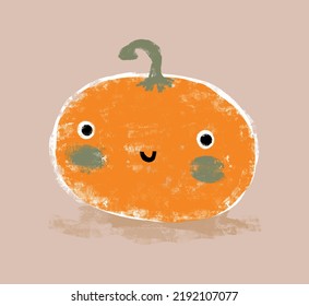 Cute Hand Drawn Kawaii Style Halloween Vector Illustration with Lovely Big Orange Pumpkin on a Light Brown Background.Funny Crayon Drawing Style Halloween Print ideal for Card, Wall Art, Poster. 