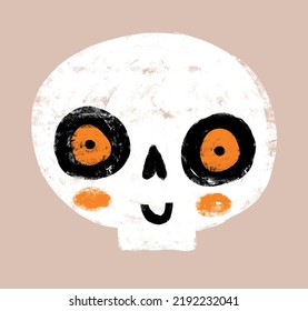 Cute Hand Drawn Kawaii Style Halloween Vector Illustration with Lovely White Human Skull. Lovely Skeleton Head on a Light Brown Background. Funny Halloween Print ideal for Card, Wall Art, Poster.