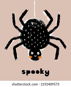 Cute Hand Drawn Kawaii Style Halloween Vector Illustration with Big Black Spider and Handwritten Spooky. FunnyTarantula on a Light Brown Background. Cool Halloween Print ideal for Card, Poster.