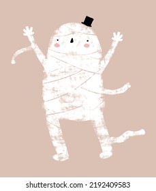 Cute Hand Drawn Kawaii Style Halloween Vector Illustration with Lovely White Mummy in a Black Top Hat. Funny Character in Bandages on a Light Brown Background. Cool Halloween Print ideal for Card.