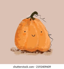 Cute Hand Drawn Kawaii Style Halloween Vector Illustration and Lovely Big Orange Pumpkin Light Brown Background Funny Crayon Drawing Style Print ideal for Card  Wall Art Halloween  Thanksgiving 