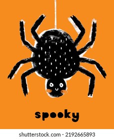 Cute Hand Drawn Kawaii Style Halloween Vector Illustration with Big Black Spider and Handwritten Spooky. FunnyTarantula on an Orange Background. Cool Halloween Print ideal for Card, Poster, Wall Art.