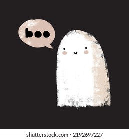 Cute Hand Drawn Kawaii Style Halloween Vector Illustration and Lovely White Ghost   Bubble Speech and Handwritten Boo  Little Ghost Black Background Funny Halloween Print ideal for Card 
