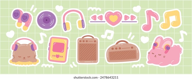 cute hand drawn kawaii style cartoon graphic vector set in listening music concept