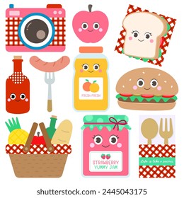 Cute hand drawn kawaii summer picnic set vector illustration