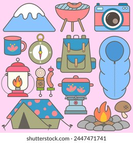 Cute hand drawn kawaii summer camping picnic set vector illustration