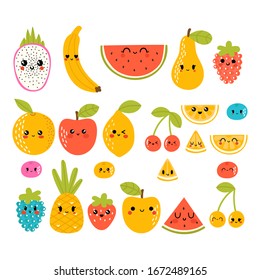 Cute hand drawn kawaii tropical smiling fruit. Healthy style collection. Cartoon manga characters. Vector illustration