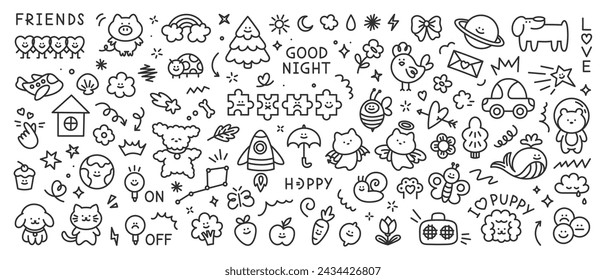 Conjunto de iconos de garabato de niño dibujado a mano lindo. Garabato conjunto de sol, flor, sonrisa, corazón, animal, nube, estrella, arco iris, fruta, árbol. Vector de moda boceto elementos infantiles para pegatinas, patrones, banners.