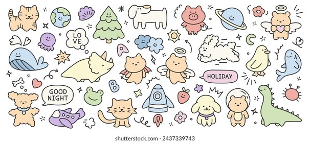 Cute hand drawn kid icons set. Doodle set of sun, dinosaur, frog, planet, animal, cloud, star, bear, whale, letter, tree. Vector trendy cartoon childish elements for stickers, patterns, banners.