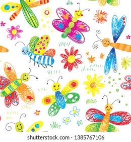 cute hand drawn kids doodle butterfly seamless pattern