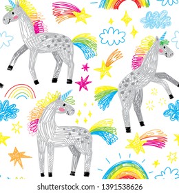 cute hand drawn kids doodle unicorns seamless pattern 