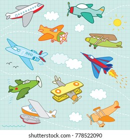 cute hand drawn kids doodle airplane set 