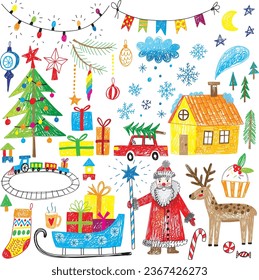 cute hand drawn kids doodles winter Christmas objects icon