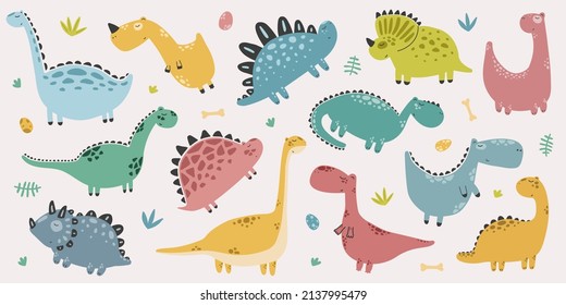 Cute hand drawn kids illustration with dinosaurs in scandinavian style, print, poster. Children's set of funny reptiles, dinosaurs, tyrannosaurs. Color vector illustration.