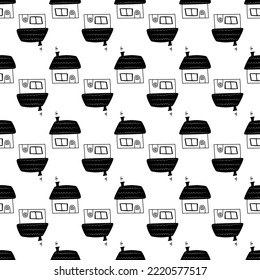 Cute Hand drawn kids pattern with doodle fairy tale house with window for fabric, prints. Vector illustration. 