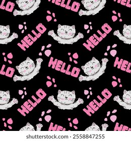 Cute hand drawn kids seamless pattern featuring playful cats and the word hello on a black background