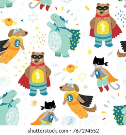 Cute Hand Drawn Kids Superhero Seamless Pattern With Dog, Cat, Bear And Hippo 