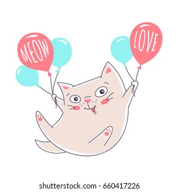 Cute hand drawn kitten flying with balloons. Meow and love lettering. Design for card, print or poster.