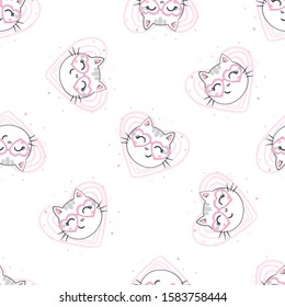Cute hand drawn kitten. Seamless vector pattern cats in glasses.
