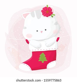 Cute hand drawn kitty cat hanging in christmas stocking.
